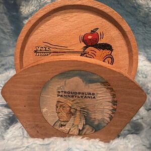 Vintage MCM Wood Coaster Set of 6 with Holder - Humorous Barware Retro Kitsch